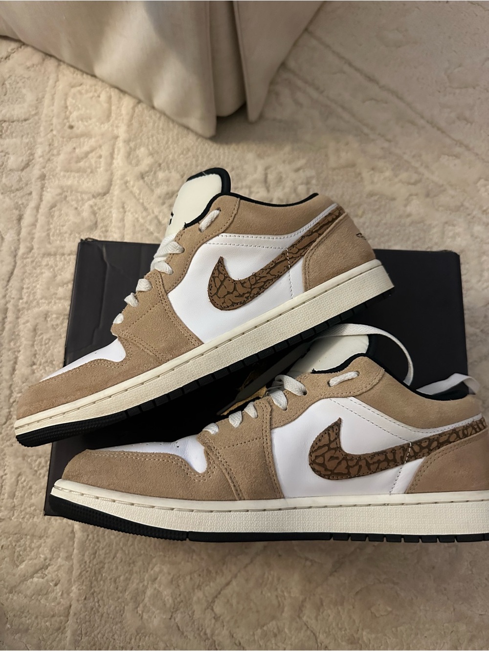 Jordan Low-Top Sneakers in White and Tan with Elephant Print Swoosh - Picture 5 of 8